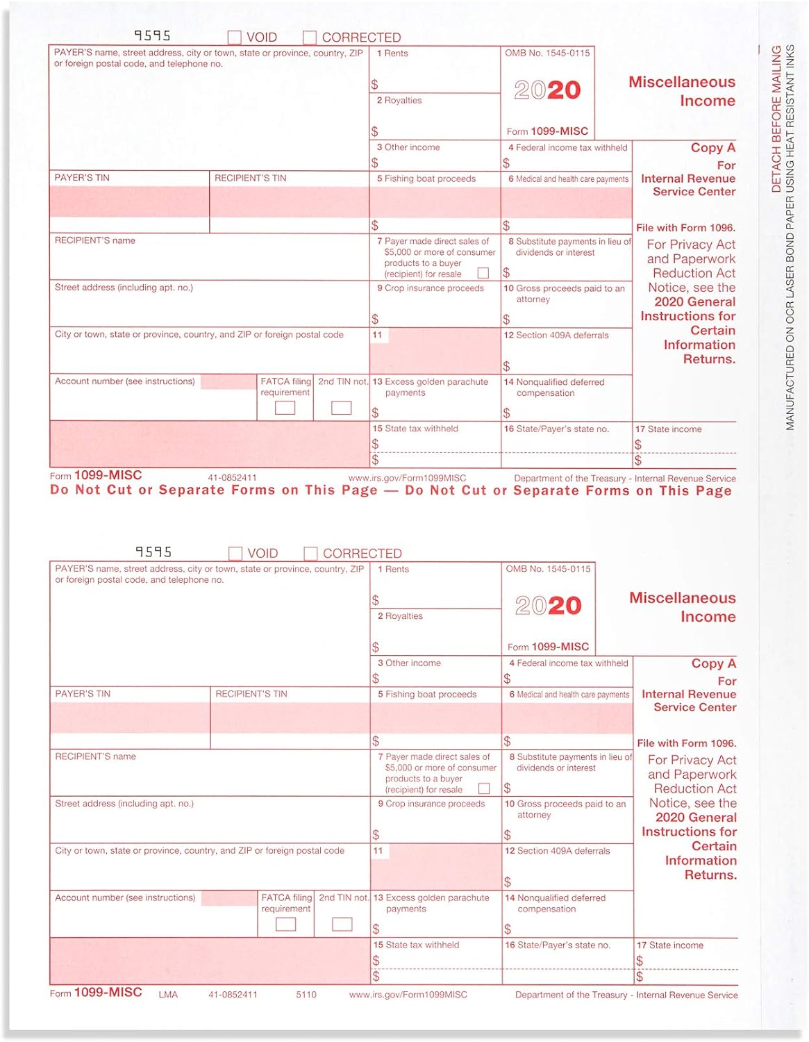 1099 MISC Forms 2020, 5 Part Tax Forms Kit, 50 Vendor Kit of Laser Forms, Compatible with QuickBooks and Accounting Software : Office Products
