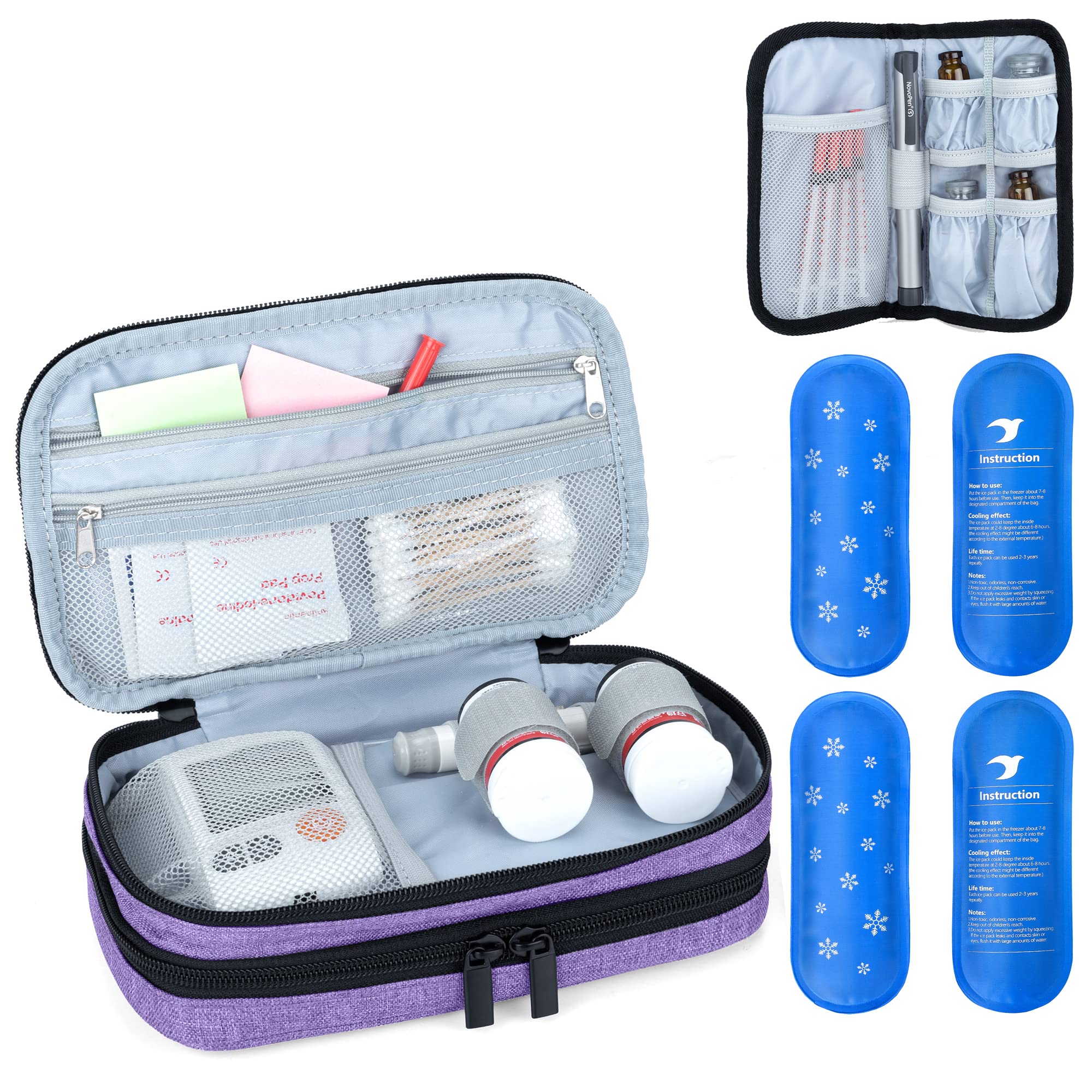Luxja Double Layer Insulin Bag for Insulin Pens with Reusable Ice Packs for Insulin Cooler (4 Pack) Bundle, Purple
