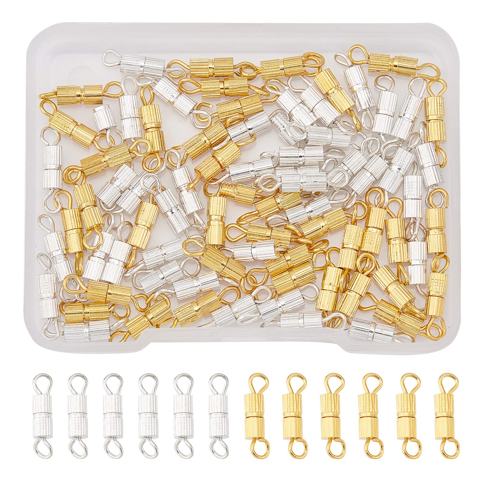 SUPERFINDINGS 100Pcs Tube Cord End Caps Jewelry Clasps Silver Golden Brass Screw Clasps 14mm Crimp End Caps for Bracelet Necklace Jewelry Making