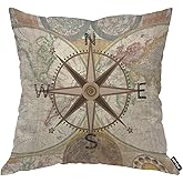 AOYEGO Compass Throw Pillow Cover World Map Earth Direction History Ancient Antique Century Geography Pillow Case 18x18 Inch Decorative Men Women Room Cushion Cover for Home Couch Bed