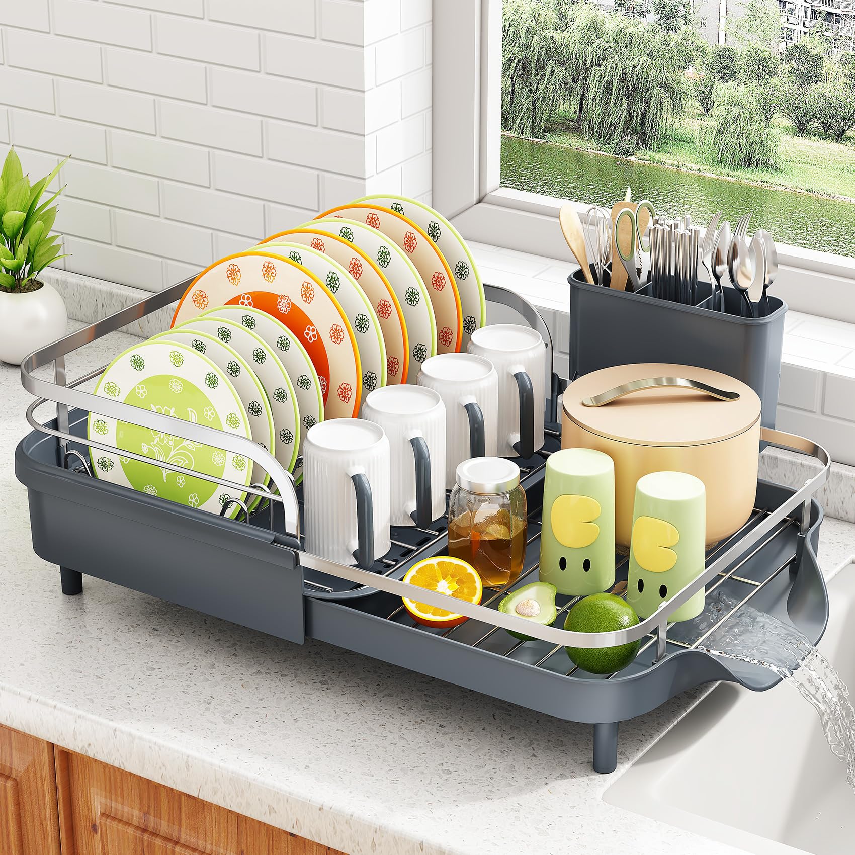 Photo 1 of SAYZH Dish Drying Rack - Expandable Dish Rack for Kitchen Counter, Rust-Resistant Dish Drainer with Utensil Holder and Raised Guardrail, Kitchen Organizer for Cup and Bottle (Grey)