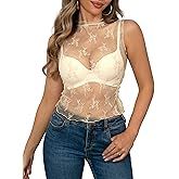AISEW Womens Sheer Mesh Tank Tops Mock Neck Summer Lace Sleeveless Camisole Y2K Crop Tank Shirt