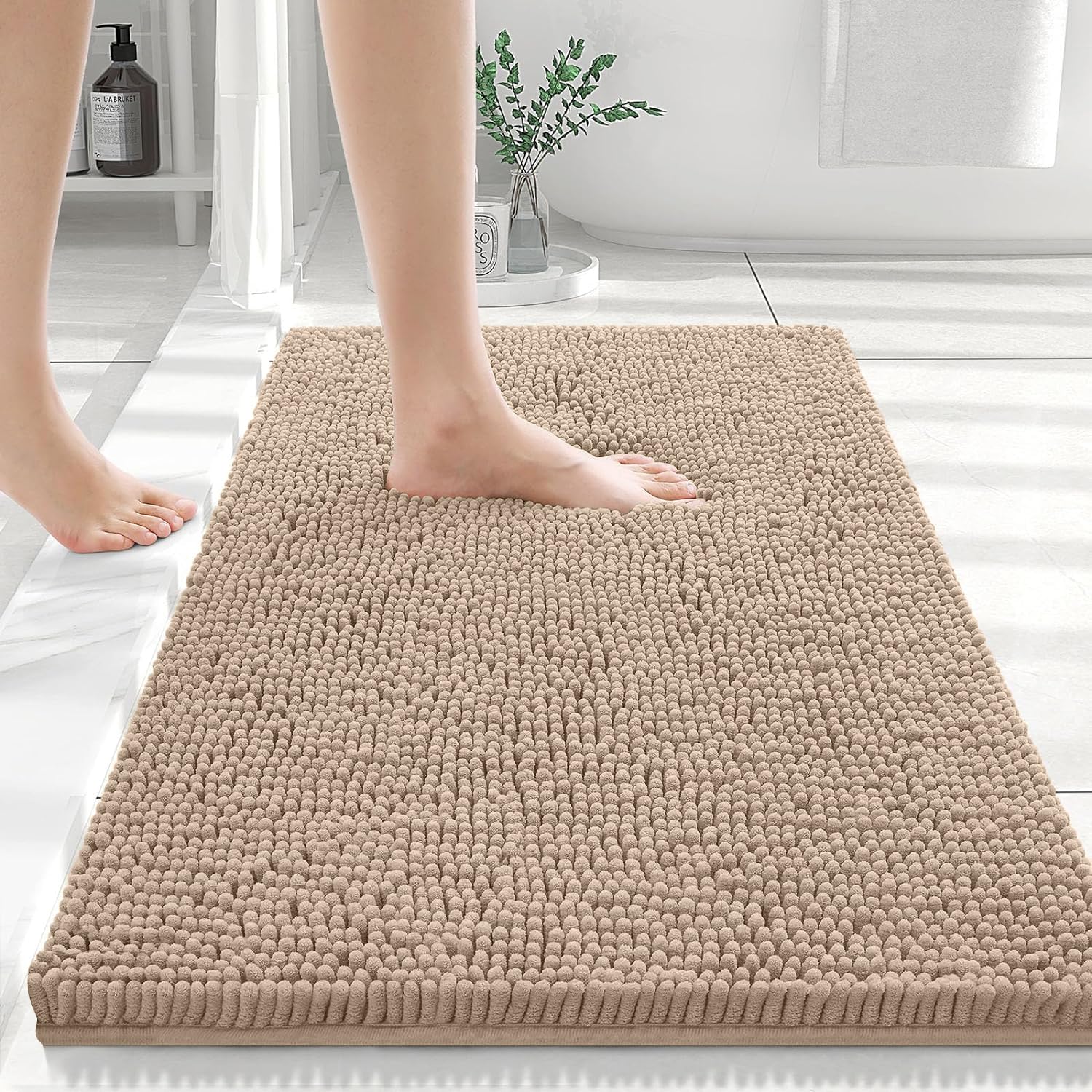 smiry Chenille Bath Mat, 40 x 60 cm, Non-Slip Super Absorbent Bathroom Mat Extra Soft Fluffy Bath Mats for Bathroom Thick Machine Washable Bathroom Floor Mats Rugs, Beige โ image 1
