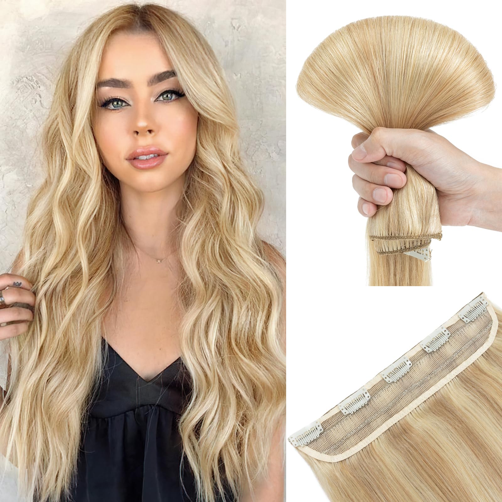 SEGOHAIR One Piece Hair Extensions Clip in Human Hair Extensions, 22" One Piece 5 Clips Thick Clip in Hair Extension - 3/4 Full Head -Dark Blonde with Bleach Blonde — image 1