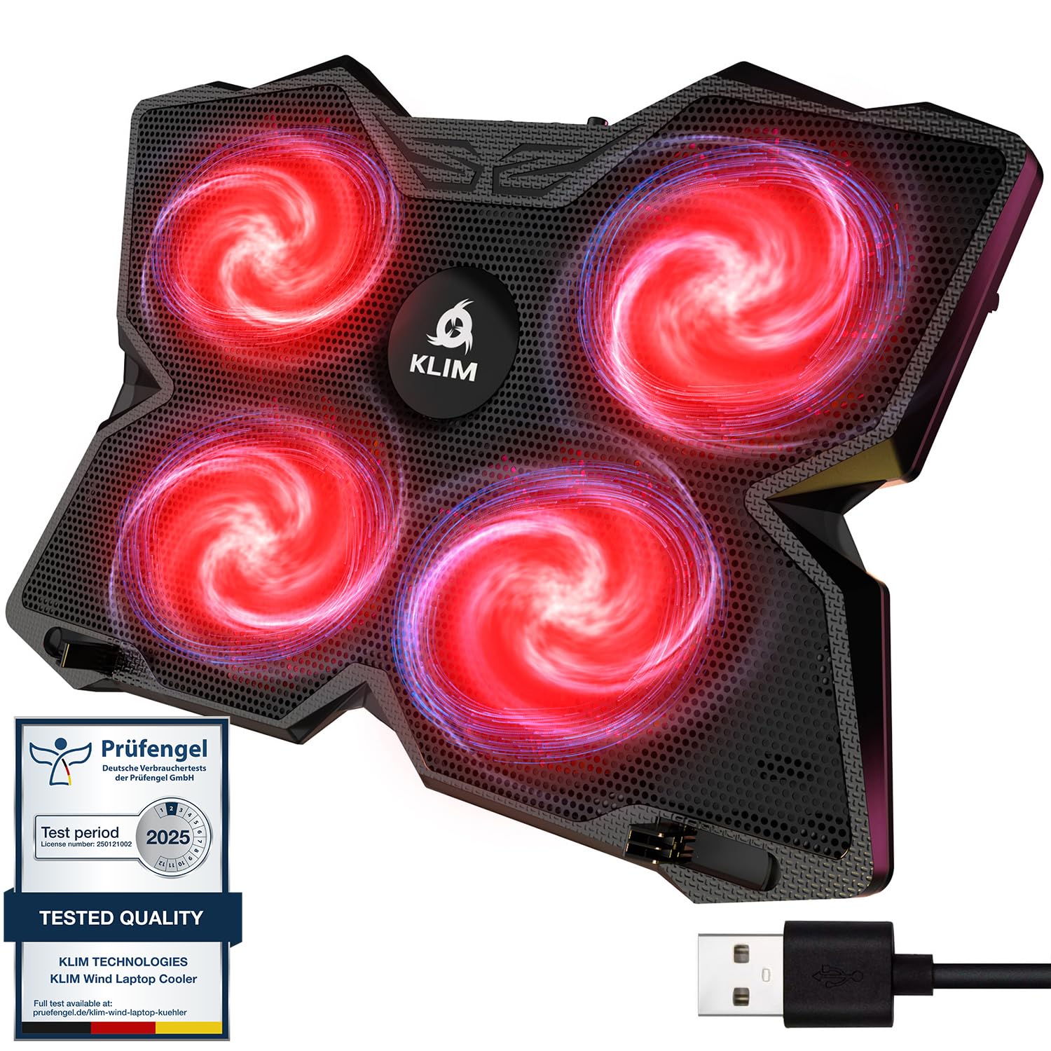 KLIM Wind Laptop Cooling Pad - More Than 500 000 Units Sold - New Version - The Most Powerful Rapid Cooling - Laptop Stand with 4 Fans at 1200 RPM - USB Fan - PS5 PS4 - Red