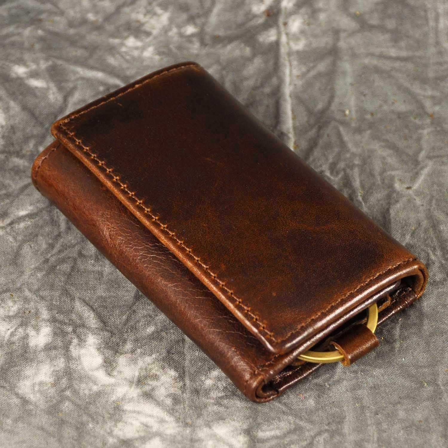 Le'aokuu Mens Genuine Leather Car Key Case Loop Hook Coin Case Cover Wallet Snap 1064(A Coffee) - Image 4