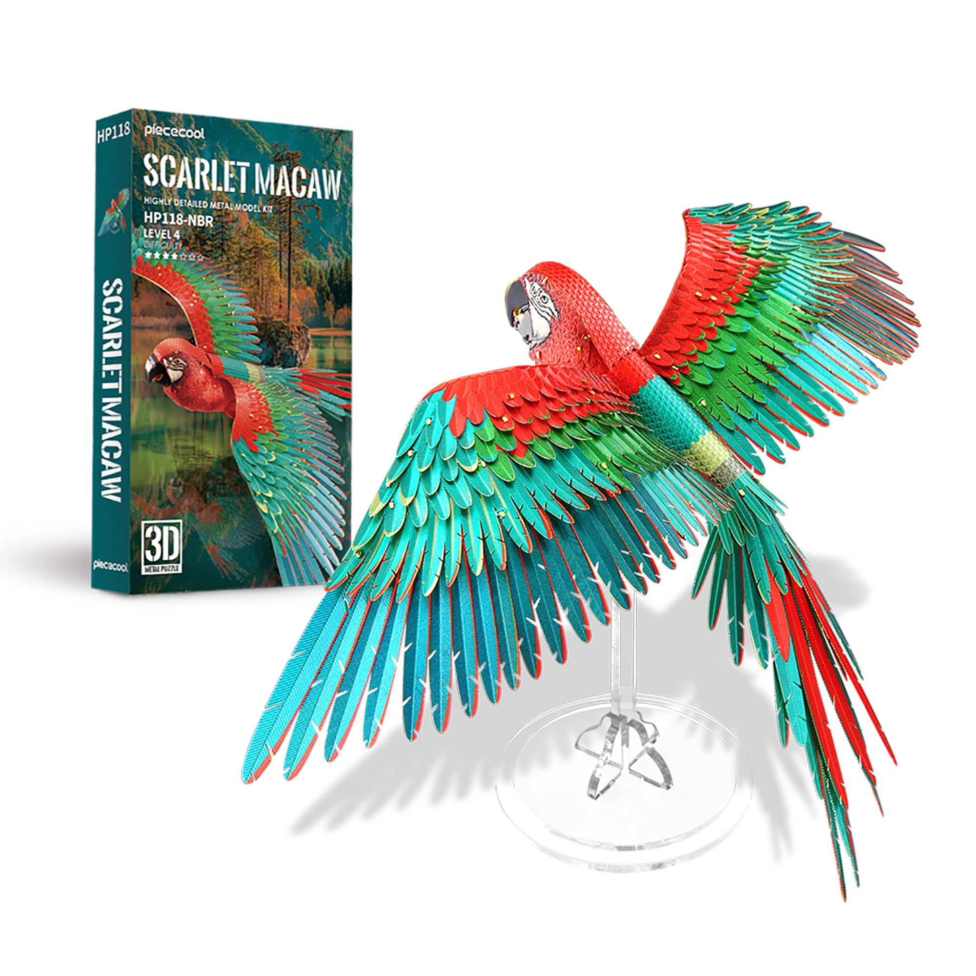 Piececool 3D DIY Metal Model - Scarlet MACAW 83pcs 3D Puzzle for Adults 14+ Intermediate Skill Level