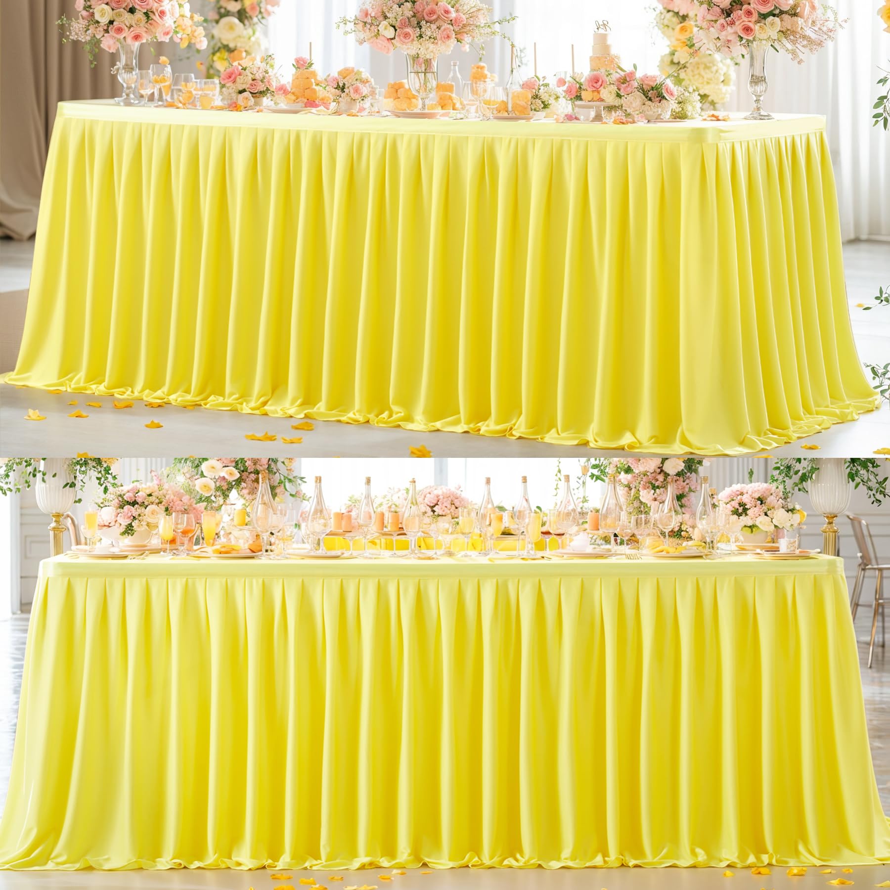 Photo 1 of Partisky Yellow Polyester Table Skirt for Rectangle Tables 14ft, Wrinkle Resistant Pleated Ruffle Table Cloth for Banquet Wedding Trade Baby Shower Display Gift Dining Table