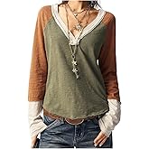 RoseSeek Women's Color Block Patchwork Top V Neck Long Sleeve T Shirts Boho Fall Tops
