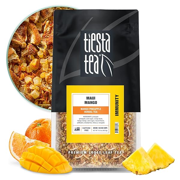 TIESTA TEA MAUI MANGO, LOOSE LEAF, MANGO PINEAPPLE HERBAL TEA, PREMIUM NON-CAFFEINATED FRUIT BLEND, MAKES HOT OR ICED & BREWS UP TO 200 CUPS, 16 OUNCE RESEALABLE BULK POUCH