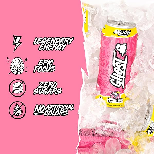 GHOST ENERGY DRINK – 12-PACK, SOUR PINK LEMONADE, 16OZ CANS – ENERGY & FOCUS & NO ARTIFICIAL COLORS – 200MG OF NATURAL CAFFEINE, L-CARNITINE & TAURINE – GLUTEN-FREE & VEGAN