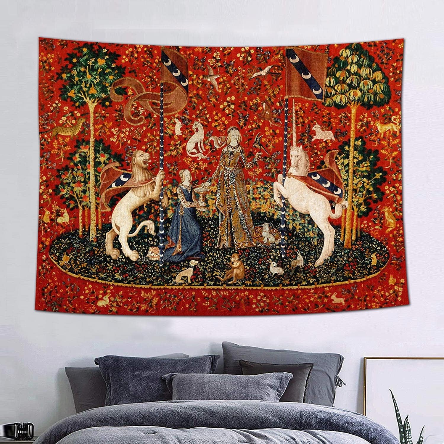 Tapestries - FEASRT European Royal Tapestry Medieval Princess Tapestry, 60x40 Inches Soft Flannelette, Lady and Unicorn for Living Room Bedroom Dorm Decor GTAY9