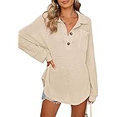 Women Waffle Knit Tops Henley Shirts Long Sleeve V Neck Solid Color Casual Tunic