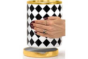 STYLED SETTINGS Black & White Checkered Utensil Holder Set – Large Ceramic Kitchen Utensil Holder for Countertop with Gold Sp