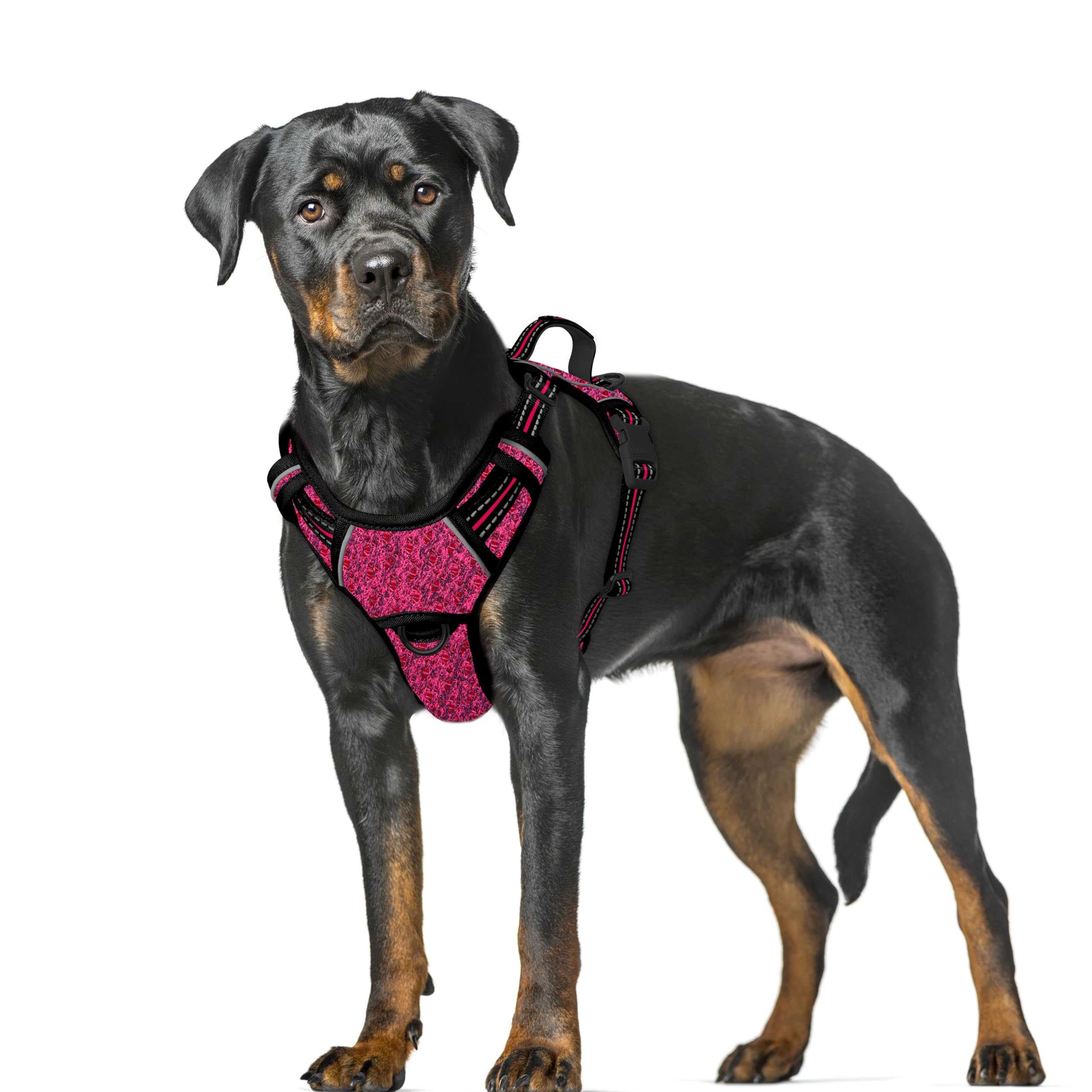 BARKBAY No Pull Dog Harness Large Reflective Dog Harness with Front Clip and Easy Control Handle for Walking Training Running with ID tag Pocket(Pink/Black,XL)