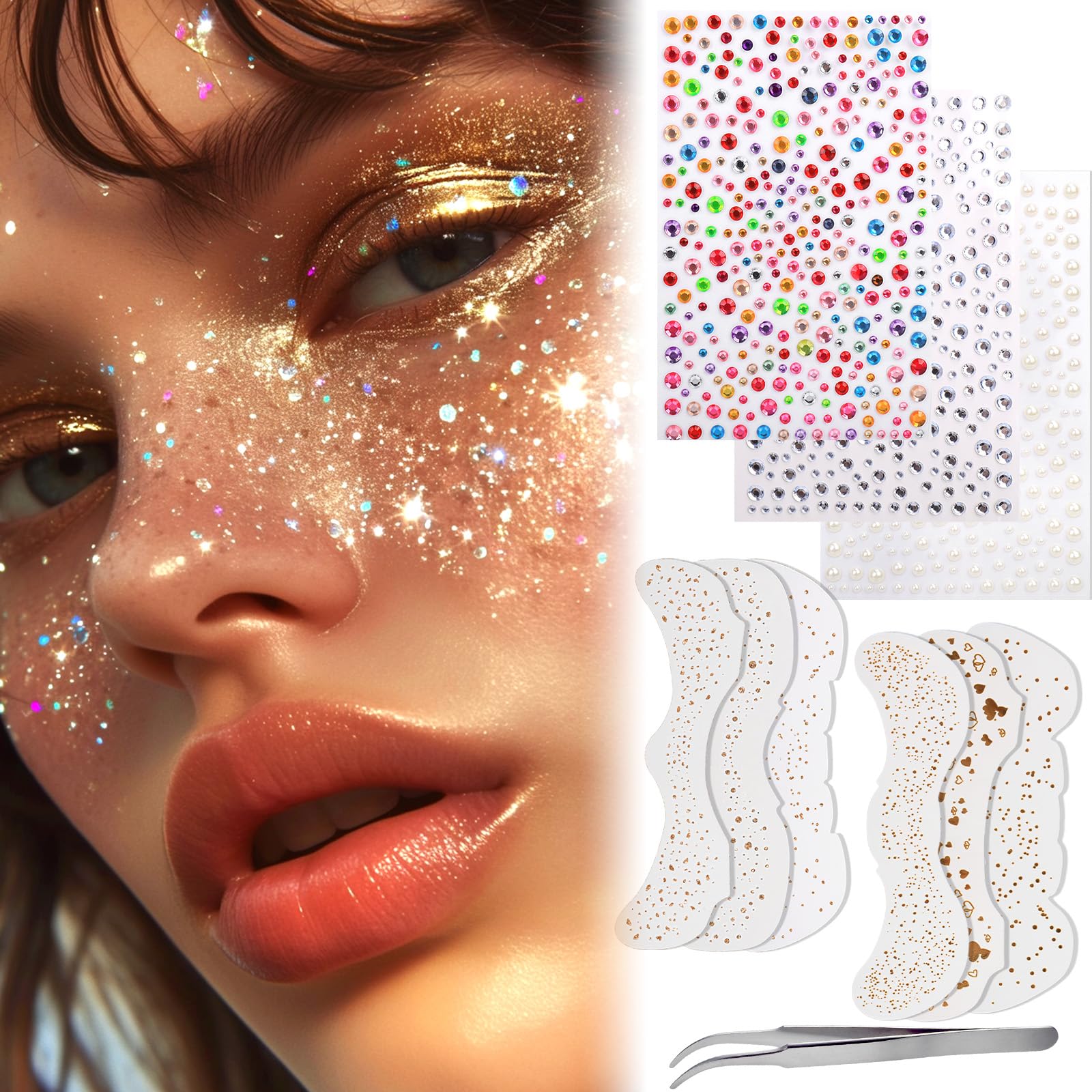 Photo 1 of Vodolo Glitter Freckles Face Tattoo,6PCS Festival Rave Accessories for Women,Gold Silver Face Waterproof Sparkles Freckles Half Magic Makeup Jewels Stickers (6PCS)