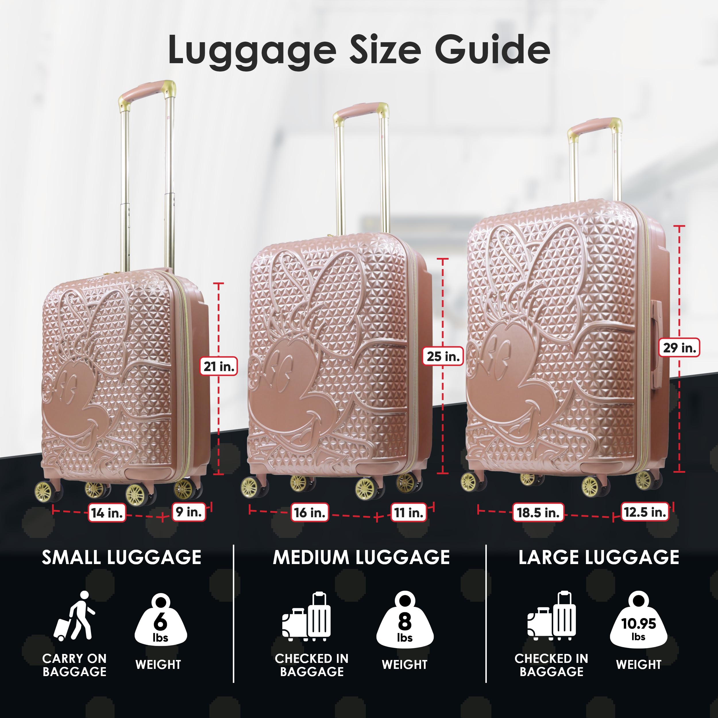 FUL Disney Minnie Mouse Rolling Luggage, Textured Hardshell Suitcase with Wheels, Rose Gold, 25 Inch