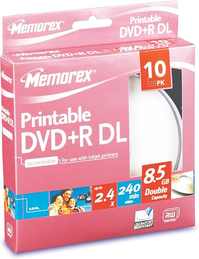 Memorex 868123-10H DVD+R 2.4x DL Printable Disc 10 Pack Cakebox