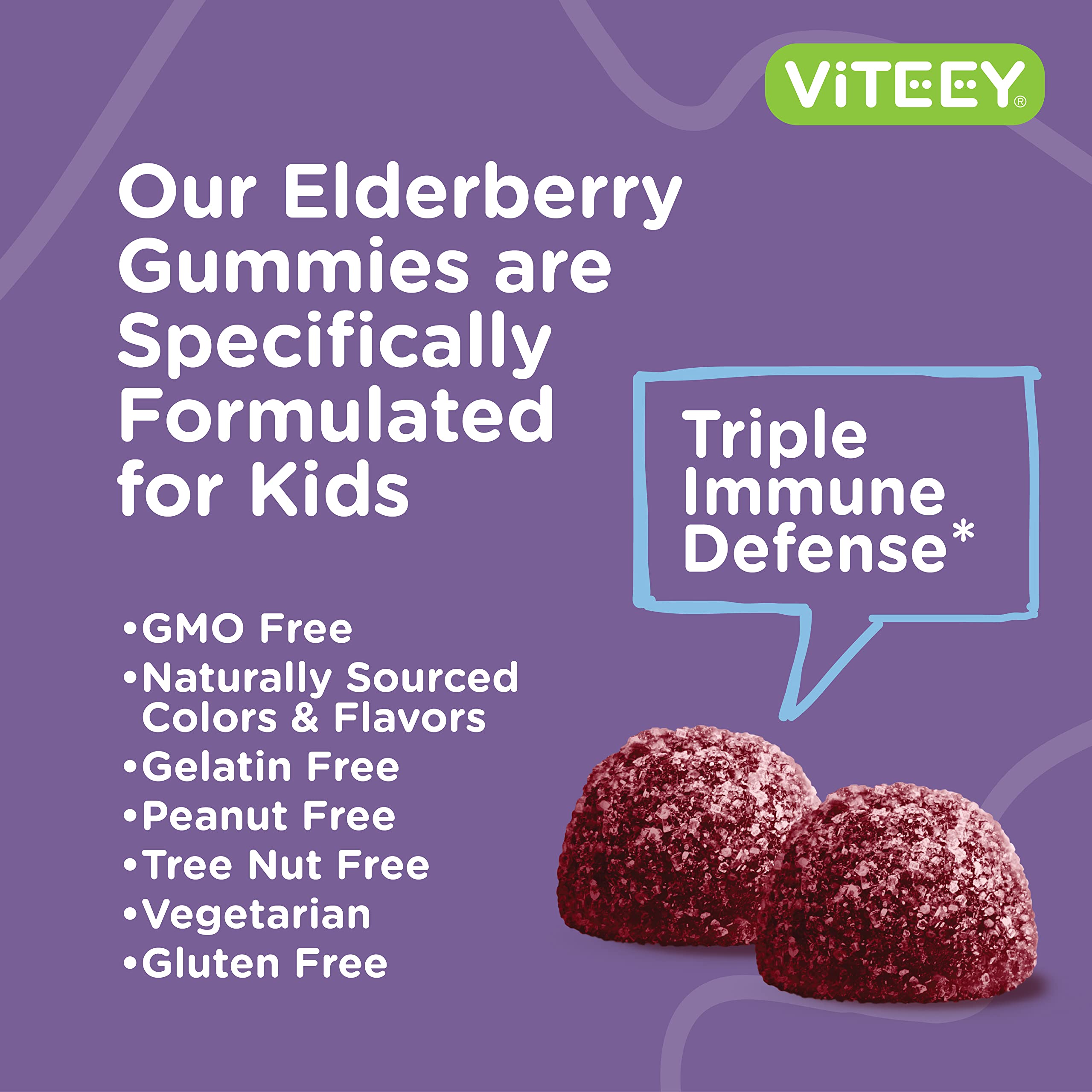Viteey Sambucus Elderberry for Kids Immune Support Supplements with Vitamin D3 & Vitamin C - 3-1 Immune Booster - Vegetarian, Gelatin Free, Gluten Free, GMO Free - Tasty Chewable Berry Flavored Gummy
