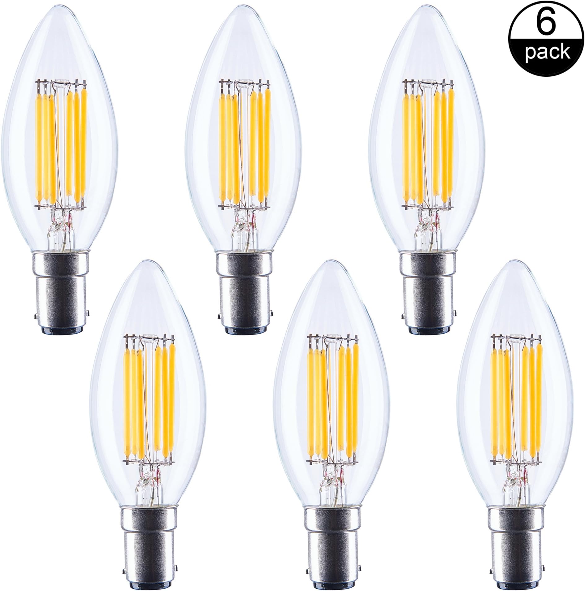 ASELIGHT 6W C35 B15 LED Filament Candle Bulb,Dimmable Warm White in Colour 2700K 6W 600Lm Replace 60W Halogen Candle Light Bulb,C35B-B15-6W,Pack of 6 [Energy Class A++]