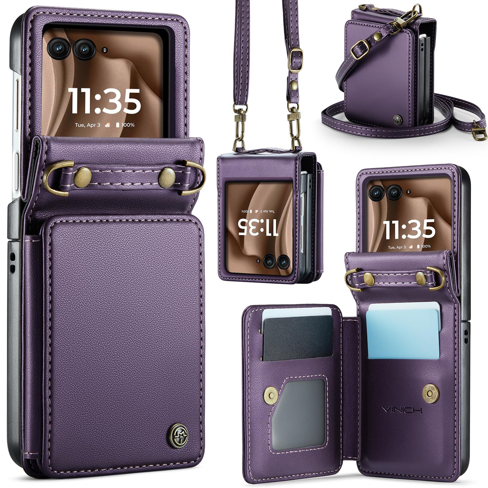 Vinich Crossbody for Motorola Razr+ Plus 2025/2024 Wallet Case with RFID Blocking Card Holder, Strap Kickstand Shockproof Flip Phone Cover for Women Men, Purple