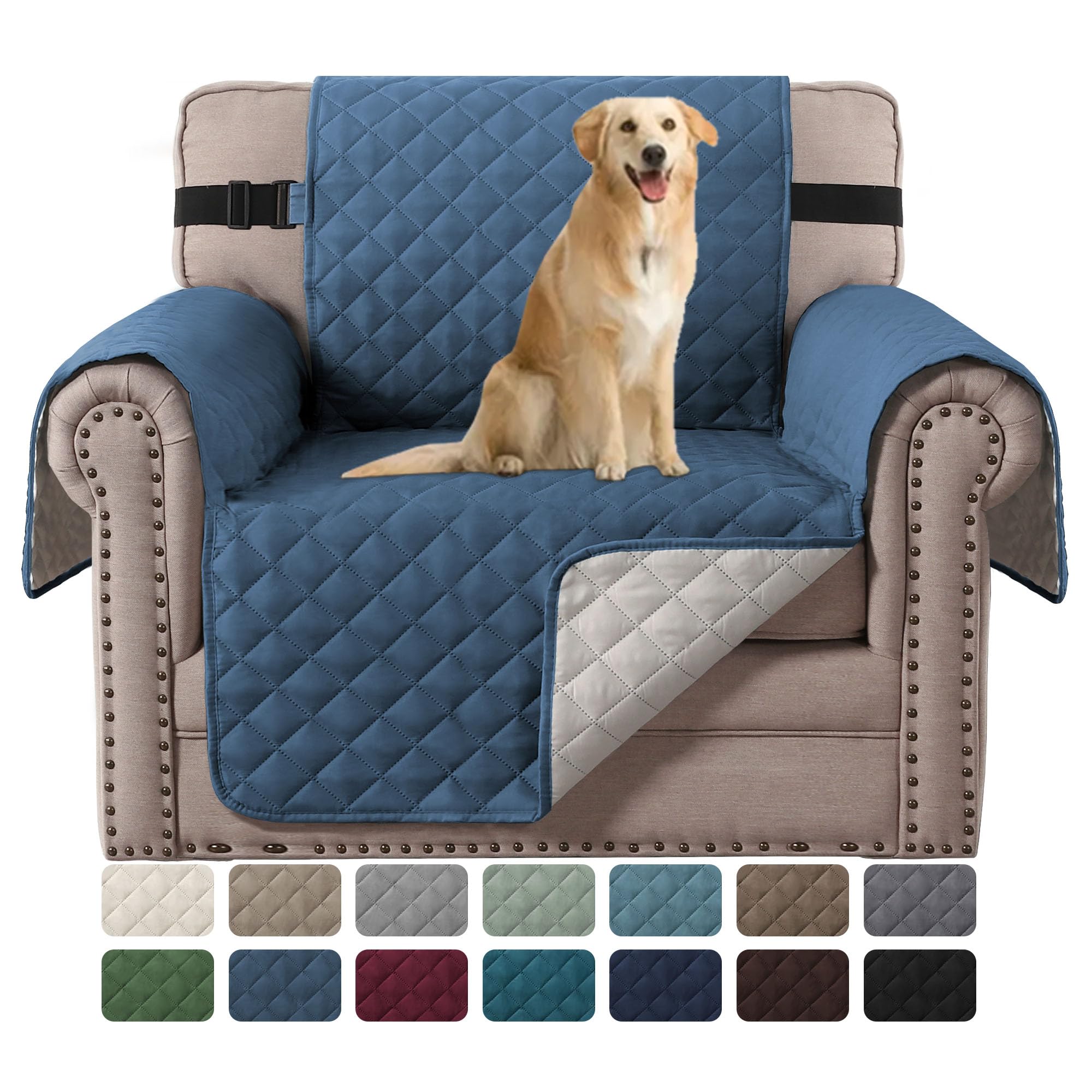 H.VERSAILTEX Water Resistant Chair Cover Reversible Chair Cover Protector for Dogs Washable Chair Slipcover with Non Slip Elastic Strap Living Room Furniture Cover(Armchair, Dark Blue/Beige)
