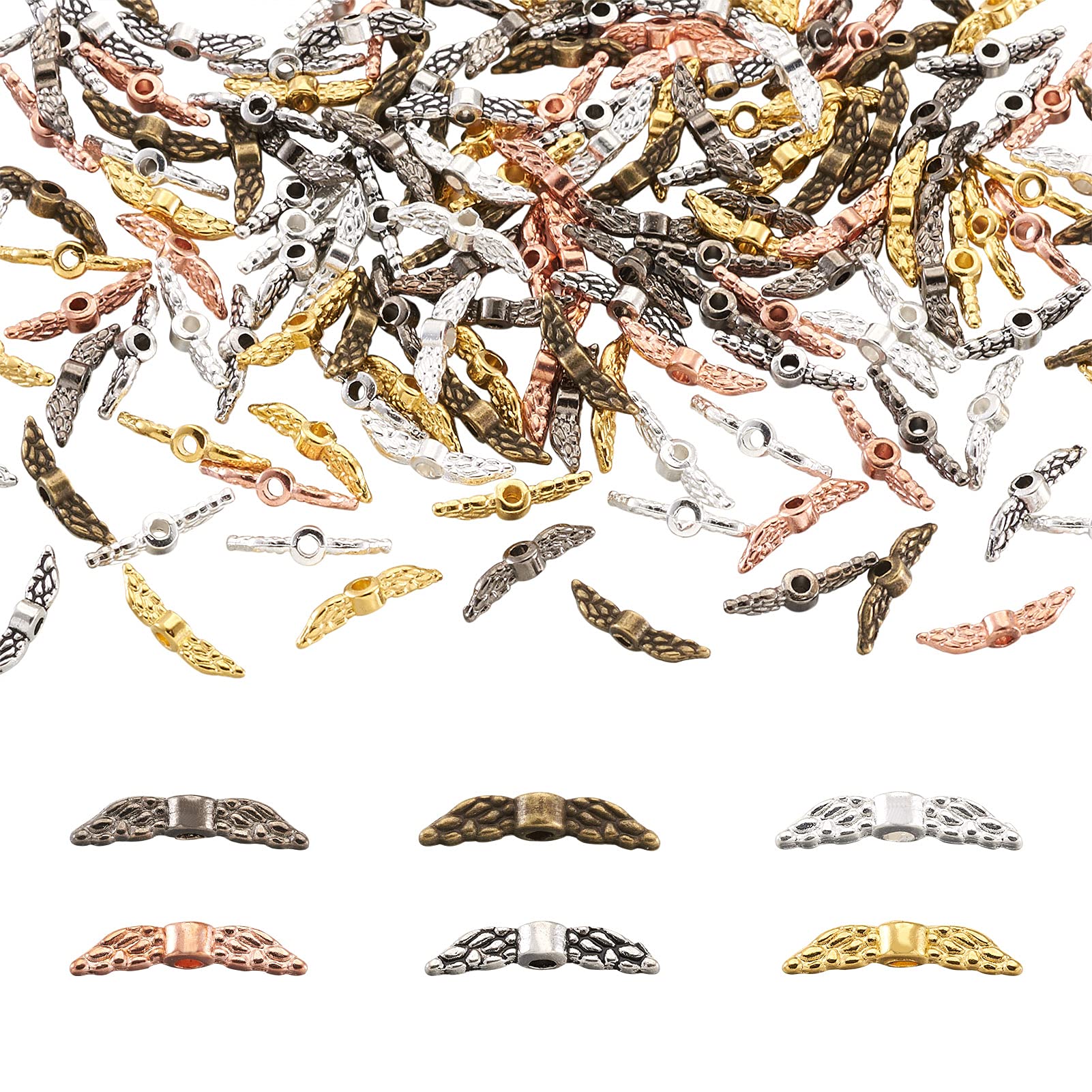 Pandahall 300pcs Tibetan Style Angel Wing Spacer Beads Alloy Antique Fairy Wing Charm Beads Mixed Color Vintage Loose Beads for Bracelet Necklace Earring Jewelry Making
