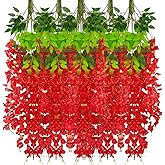 Luerbi 24 Pack Red Wisteria Hanging Flowers Garland, 3.77 Feet Artificial Flower Vines, Fake Wisteria, Artificial Vines Hanging Garland for Backdrop Outdoor Yard Garden Decor