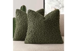 Foindtower 2 Pieces 18x18 Inch Olive Green, Faux Fur Throw Pillow Cover Accent Sherpa Furry Pillow Covers Fuzzy Soft Pillowcases Cozy Sheepskin Decorative Fleece Cushion Case for Bed Couch Living Room
