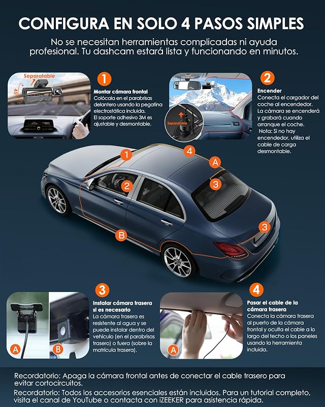 Dashcam 4K de 3 canais com cartão de 32GB GRÁTIS, câmara frontal, traseira e interior 4K+1080P+1080P com WDR, visão noturna IR, WiFi 6, ângulo de 170°, sensor G, modo de estacionamento 24h