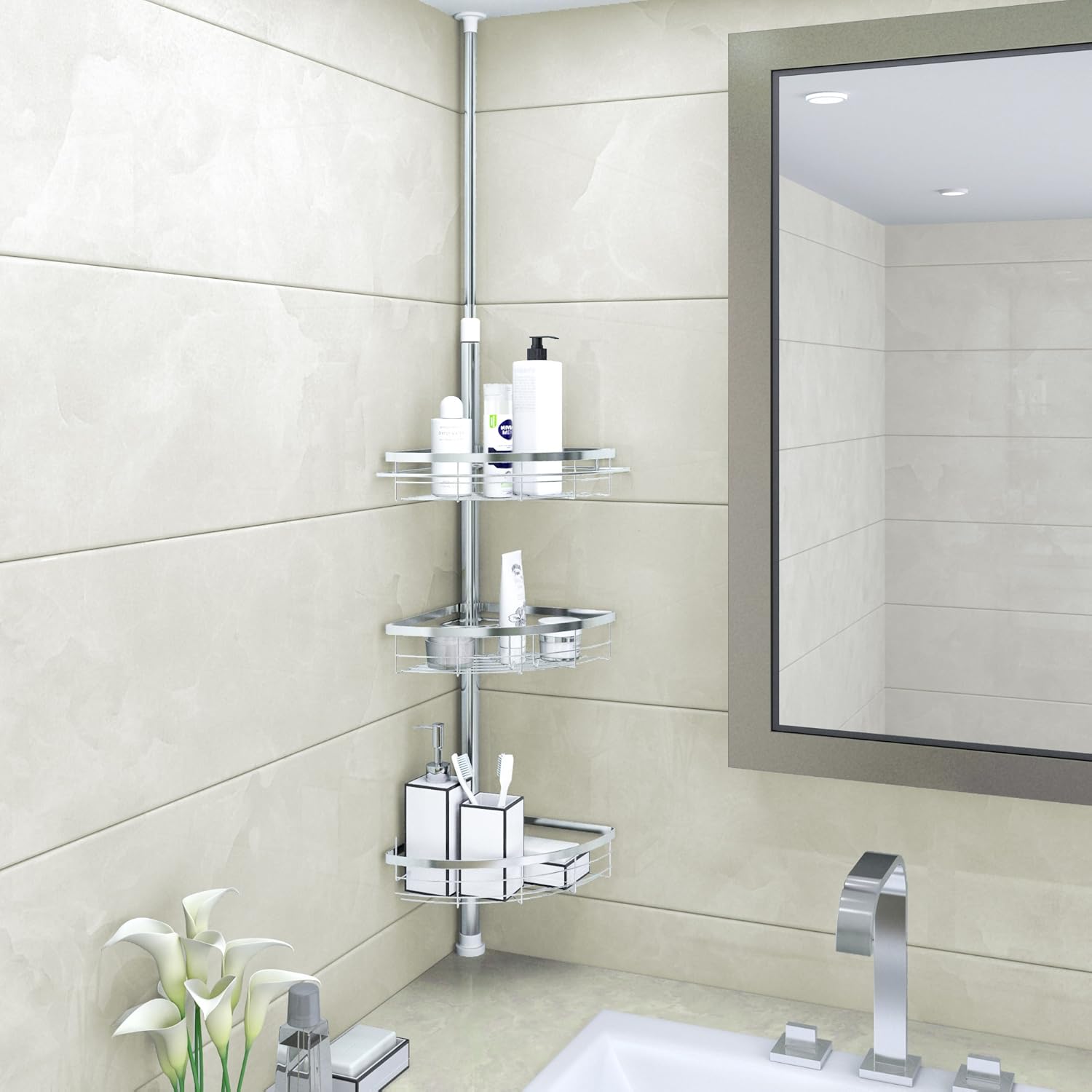 Lifewit Estante De Baño,Rinconera Estantería Ducha,Ajustable Con Palo Y 3 Cesta