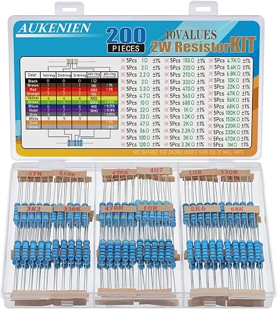 AUKENIEN 2W Resistor Kit 40 Values 200pcs Metal Film 1 Ohm to 1M Ohm RoHS