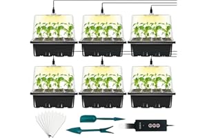 LYDTICK 6-Set Seed Starter Tray with Grow Light, Seed Starting Trays Kits with Timing Controller Adjustable Humidity Domes Heightened Lids(12-Cells Per Tray)