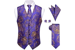 YourTies Mens Suit Vest 4PC Silk Paisley Vest with Necktie Pocket Square Cufflinks Formal Woven Waistcoat for Suit Tuxedo