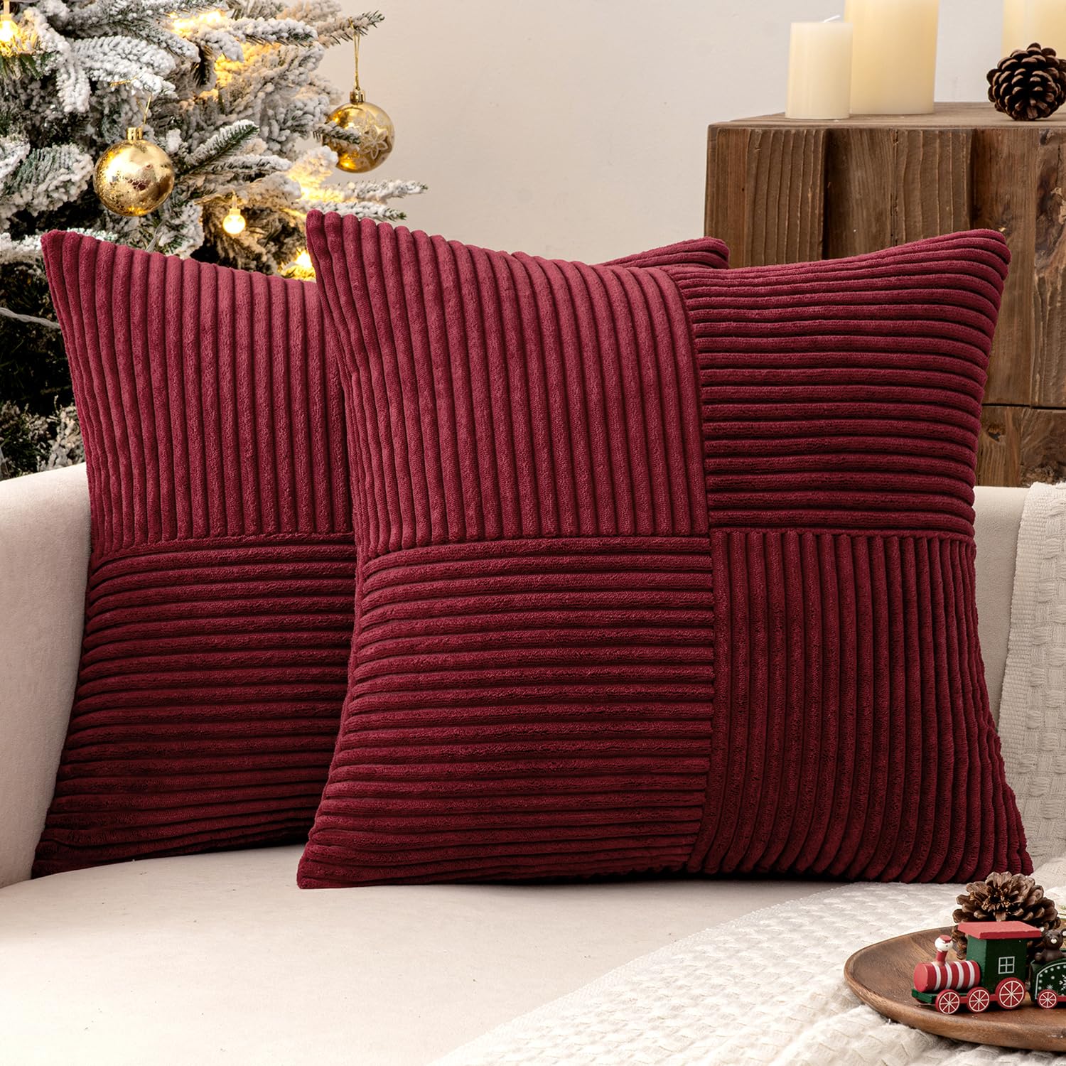 MIULEE Burgundy Decorative Euro Sham Pillow Covers 24x24 Inch for Bed Couch Sofa Pack of 2 Boho Farmhouse Throw Pillows Soft Cross Corduroy Patchwork Textured Cushion Cases