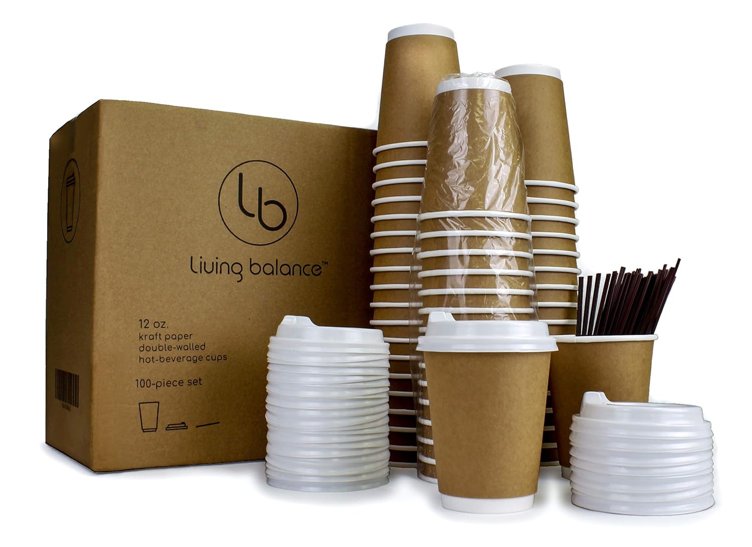 100 Pack - 12 oz To Go Coffee Cups with Lids & Stirrers | Disposable & Recyclable Kraft Brown Paper Travel Cups - Double-Layer Insulation, Sleeve-Free design.