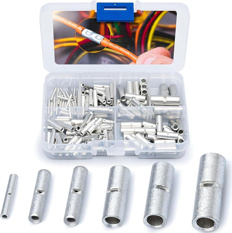 Wirefy 100pc Non Insulated Butt Connectors Kit 24-8 AWG Pure Copper Crimp Wire