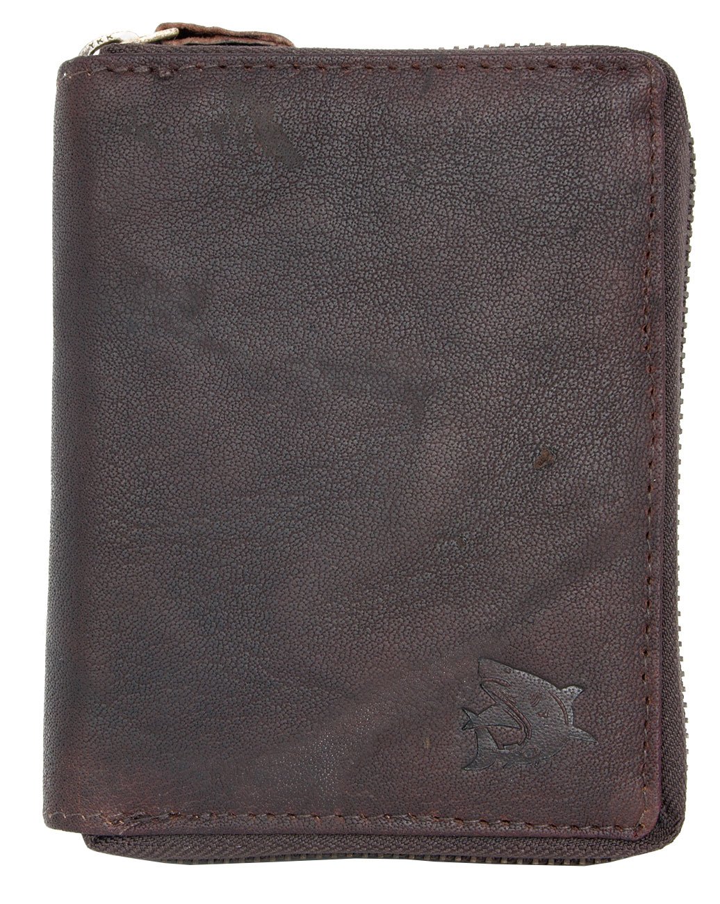FLW Large dark brown zip-around oiled durable genuine leather wallet with a shark