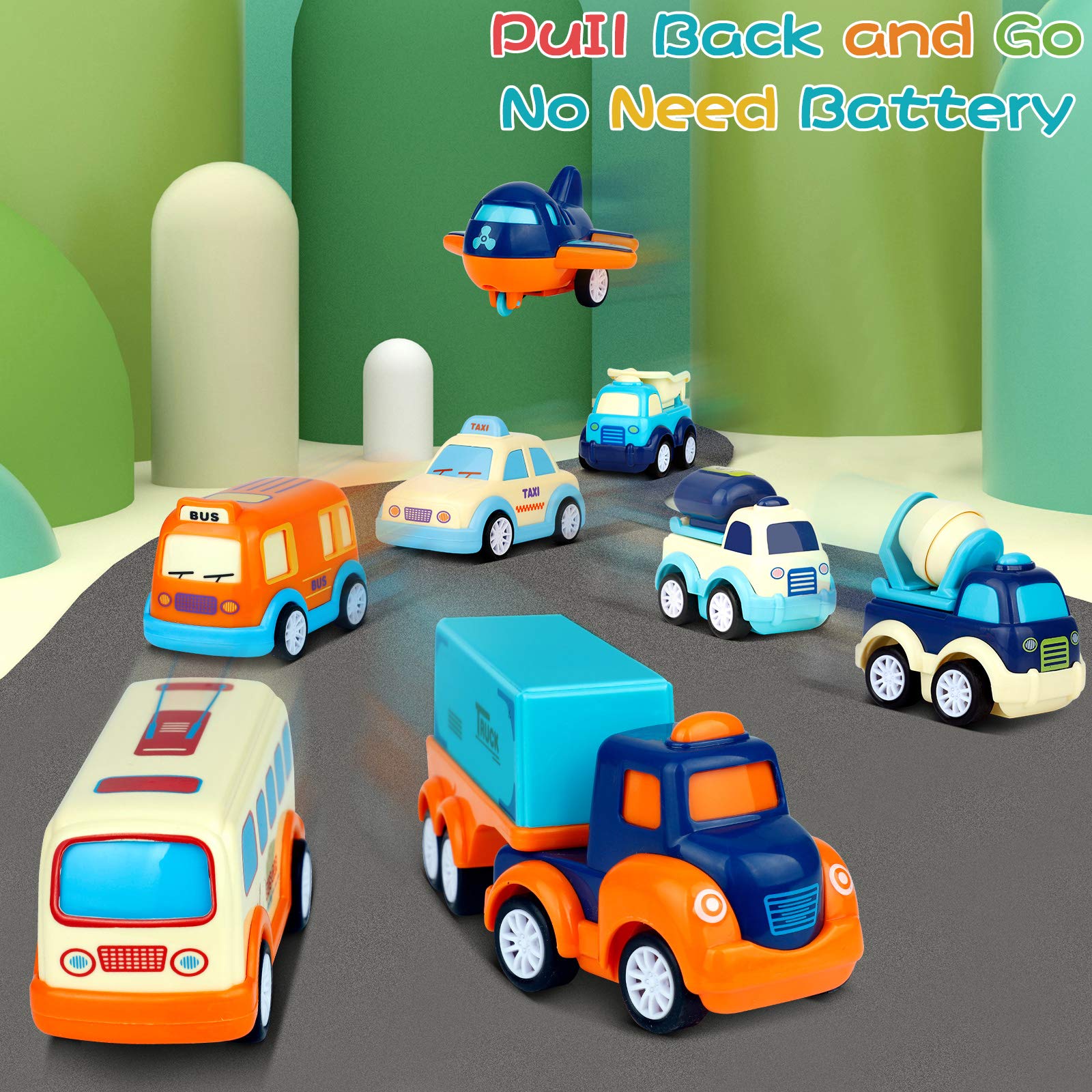 9 Pack Cars Toys for 2 3 4 5 Years Old Toddlers Boys & Girls Gift, Big Transport Truck with 8 Small Cute Pull Back Trucks, Carrier Truck with Sound & Light 13.5 * 5.5 inch, 2.5 *1.6 inch