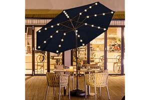 wikiwiki 9ft Solar Led Patio Umbrella, Sturdy Outdoor Market Umbrella for Deck, Pool, Garden w/Tilt, Crank, 32 LED Lights, Navy