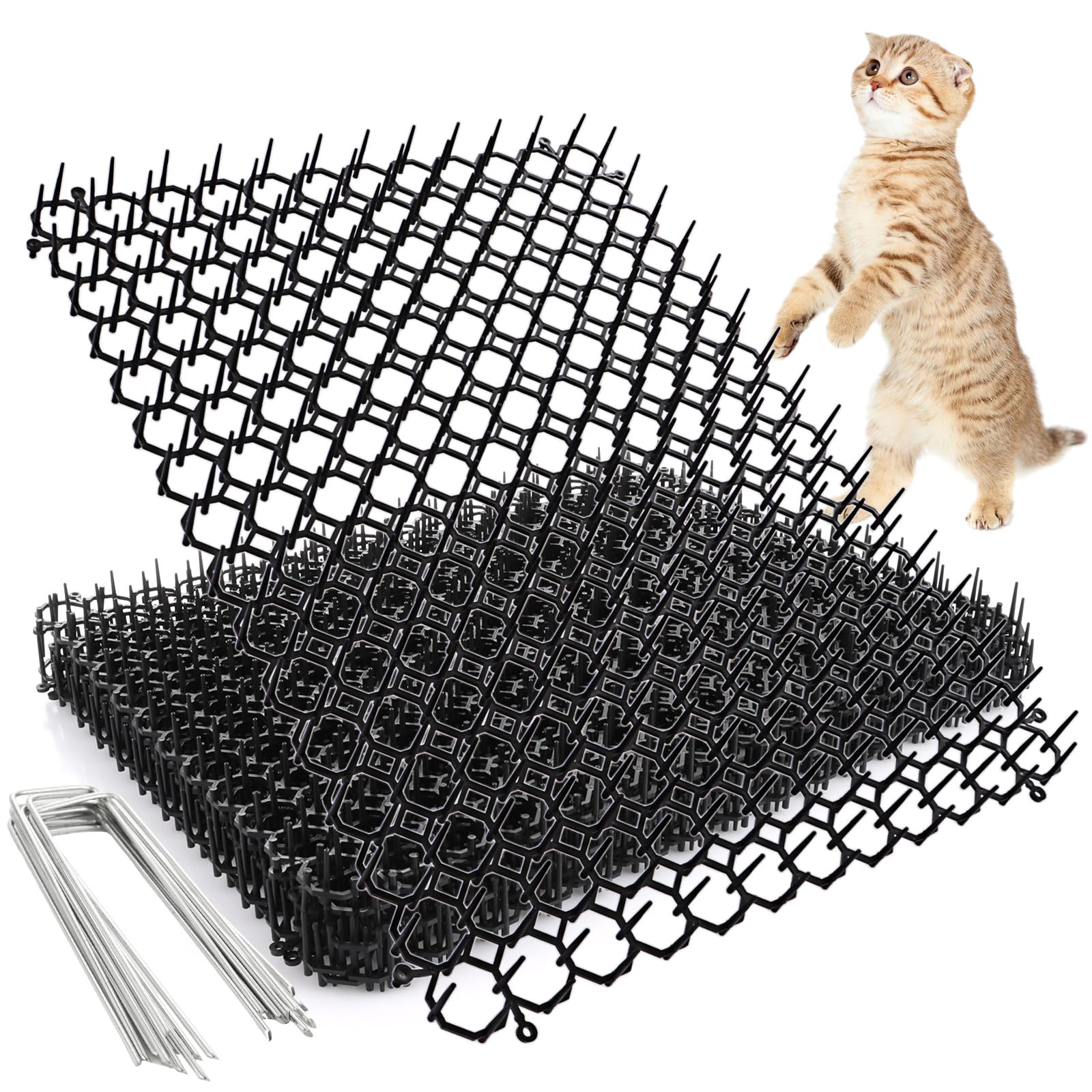 YAYODS 12PCS Cat Scat Mat With Spikes, 30x40CM Anti Cat Spikes Mats, Plastic Cat Deterrent Spikes for Garden Fence Outdoor, Pet Deterrent Spikes Mat for Dogs Foxes Cats with 12 U-shaped Pegs, Black