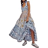 GUCURIN Women Floral Boho Sundress Tie Shoulder Smocked Patchwork Flowy Maxi Dresses with Pockets Summer Fall