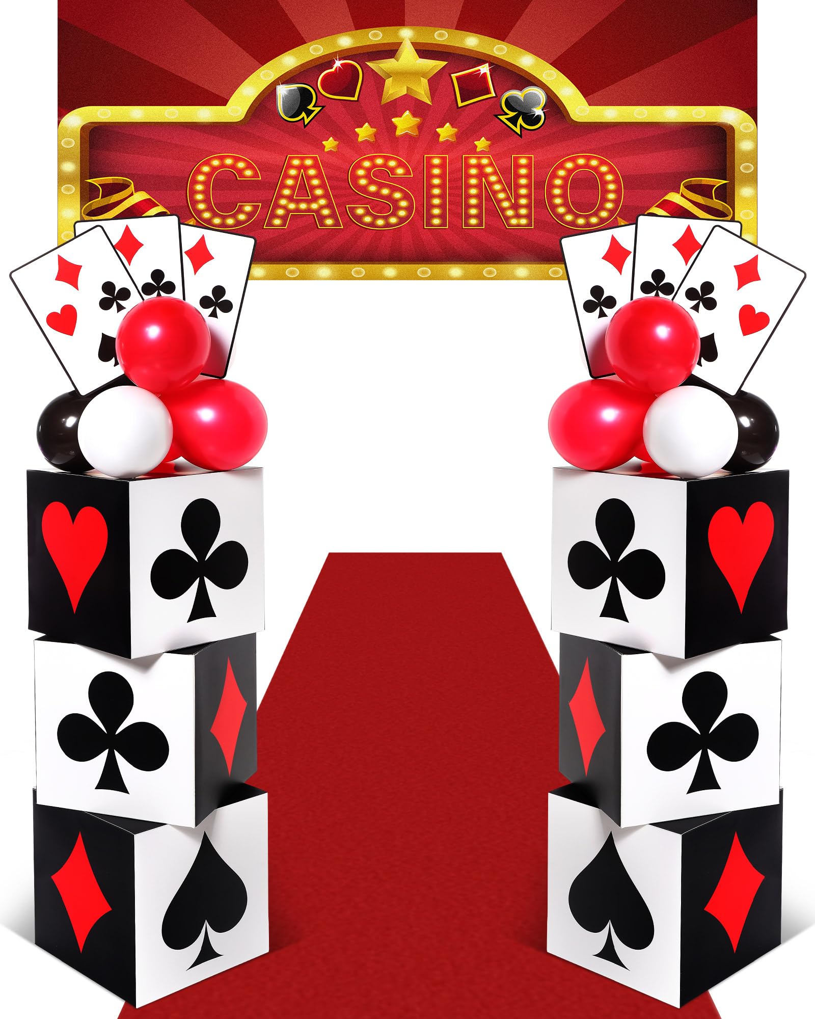 Photo 1 of VioraWhite 62 Pcs Casino Theme Favor Boxes Decoration Set 11 Inch Casino Boxes Jumbo Pokers Red Black White Balloon Banner Runner for Casino Birthday Holiday Party Decoration (Poker Style)
