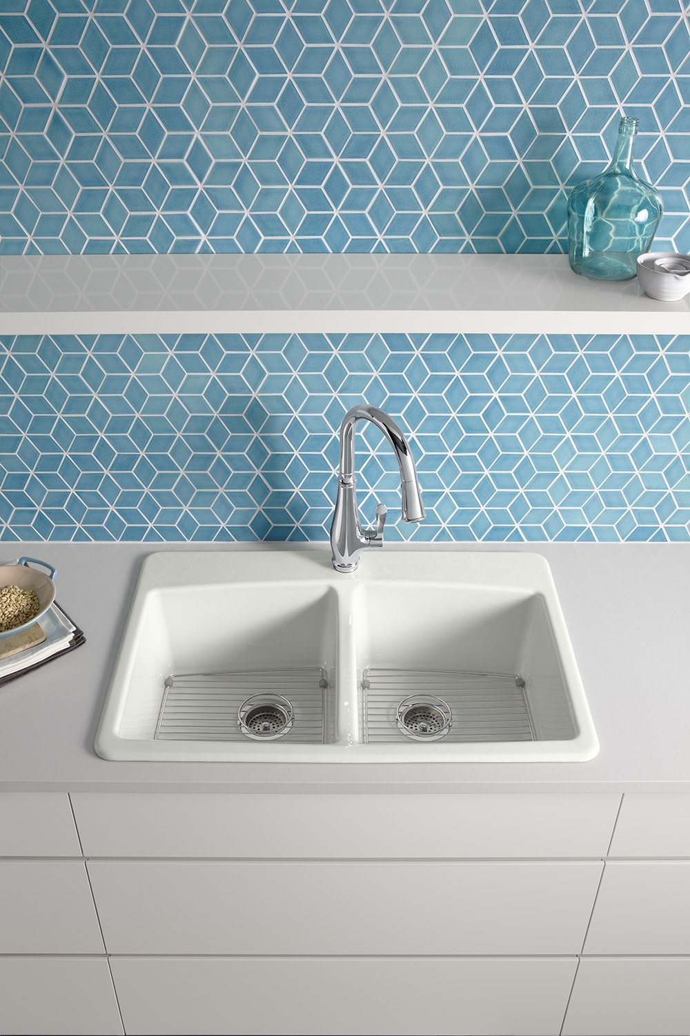 Double Bowl Kohler K 5846 1 0 Brookfield Top Mount Double Equal Bowl Kitchen Sink With Single Faucet Hole White Kitchen Bath Fixtures