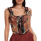 KIWI RATA Women's Sexy Overbust Vintage Denim Corset Top Floral Pattern Renaissance Bustier Lace Up Y2k Crop Tops