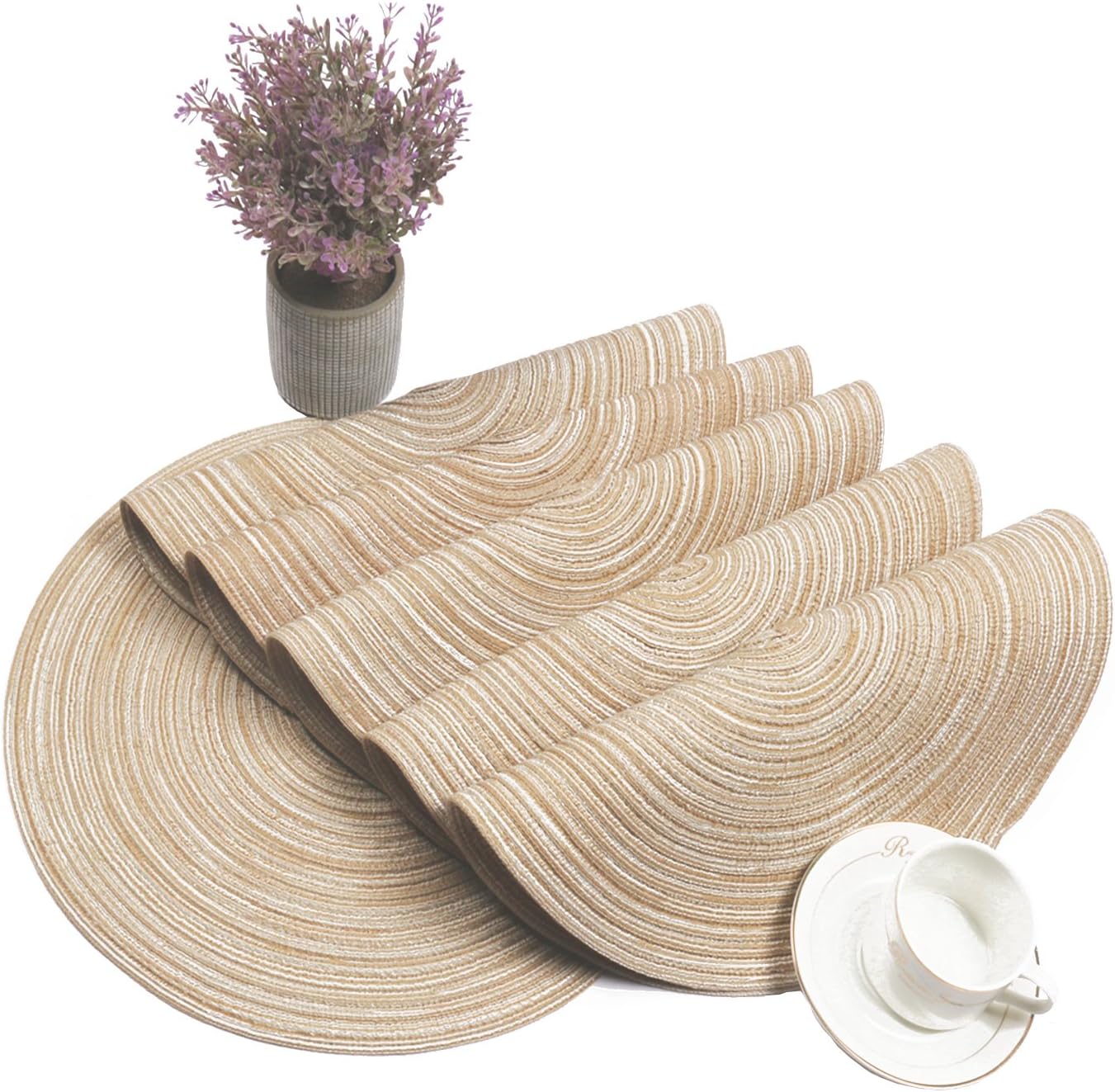 SHACOS 38cm Round Placemats Set of 6 Braided Woven Place Mats Washbale Table Placemat Round Heat Resistant Table Mats for Kitchen Dining Home Restaurant Beige - Image 3
