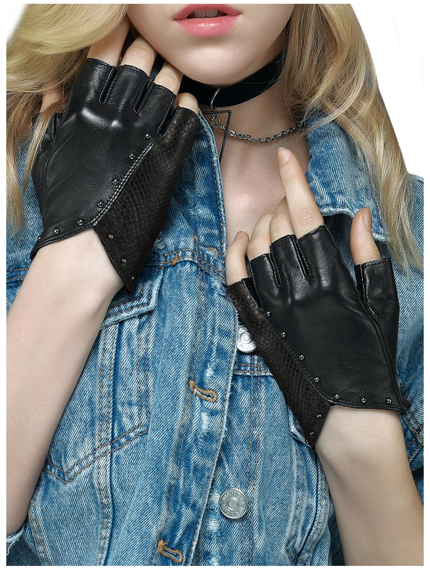 Photo 1 of *Dirty item/ one glove ripped* FIORETTO Womens Punk Fingerless Leather Gloves for Driving Motorcycle Unlined Half Finger Sheepskin Black Medium