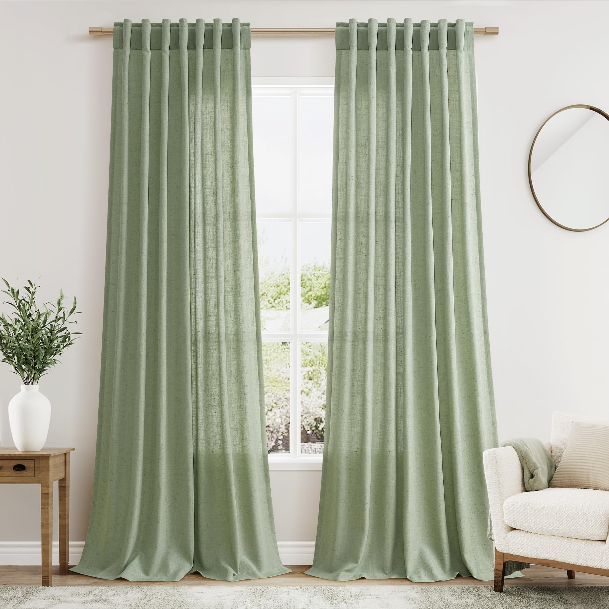 Photo 1 of Extra Long Light Sage Linen Curtains 120 Inch for Living Room 2 Panels Set Rod Pocket Back Tab Soft Linen Window Drapes Semi Sheer Light Filtering Privacy High Ceiling Drapes for Farmhouse 52x120