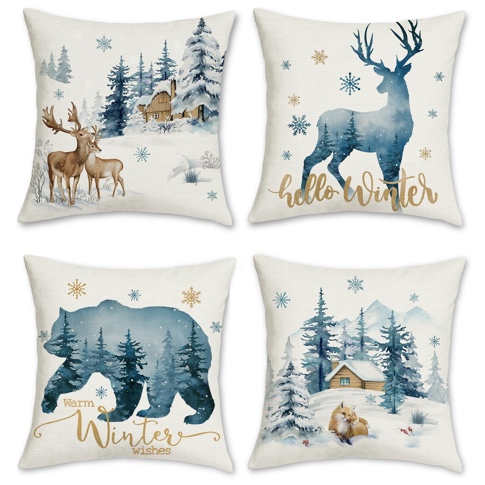 Bonhause Winter Animals Cushion Covers 45 x 45 cm Reindeer Bear Deer Snow Pine Tree Decorative Throw Pillow Covers Polyester Linen Pillowcases for Sofa Bed Winter Holiday Decor Set of 4
