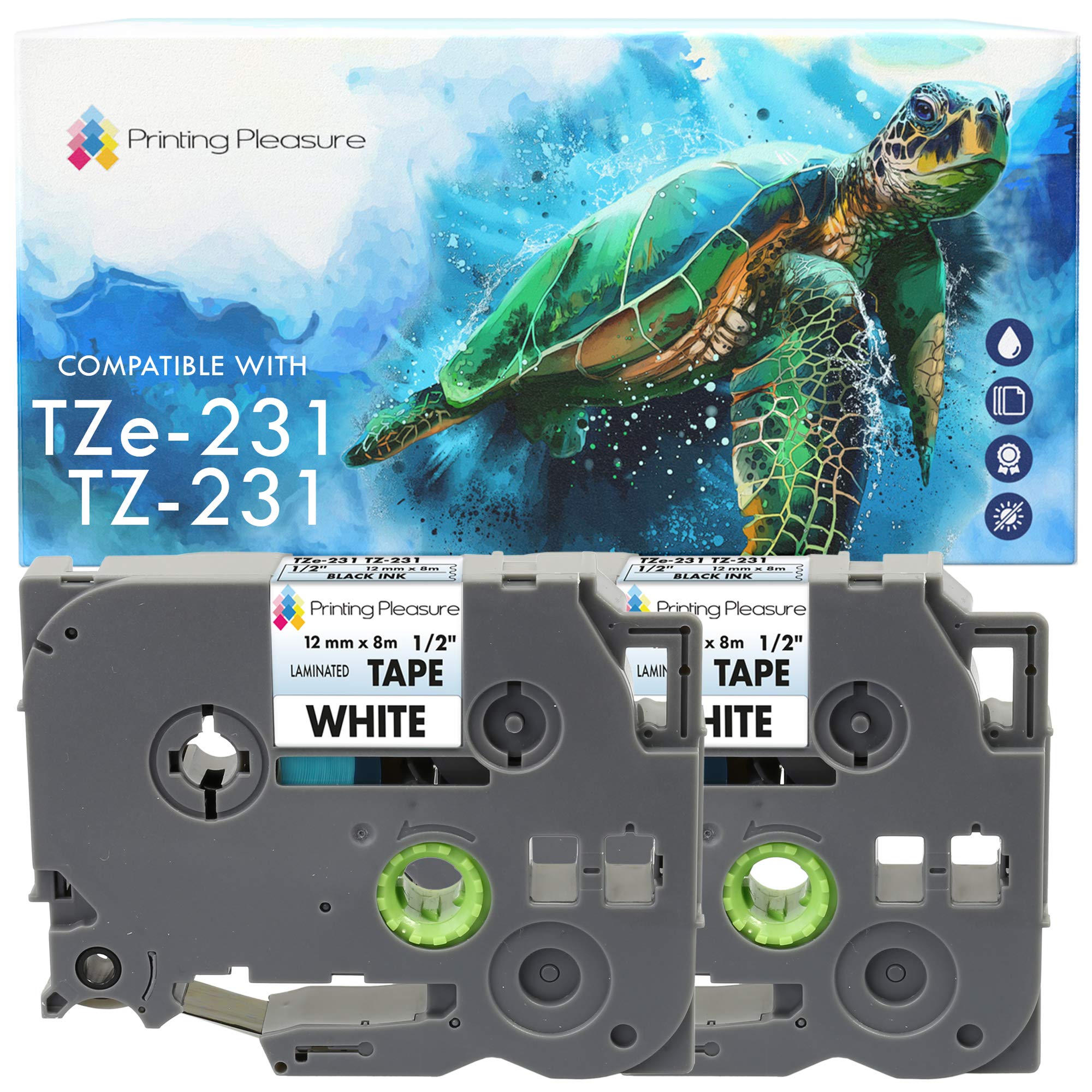 Printing Pleasure TZe-231 Black on White Laminated Label Tapes TZ-231 2-Pack Compatible for Brother P-Touch PT-1000 PT-H100 PT-D210VP PT-D400 PT-D600VP PT-P700 PT-P750W Cube, 12mm x 8m